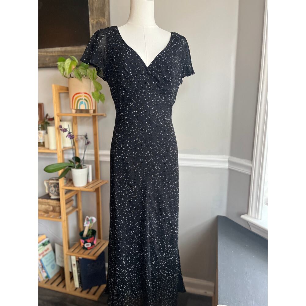 Vintage 90s Polka Dot Maxi Dress Black and Tan Size Small